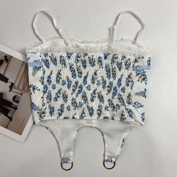 Sexy Chic Women Lace up Blue Floral Print Spaghetti Strap Tight Vest Cropped Corset Top