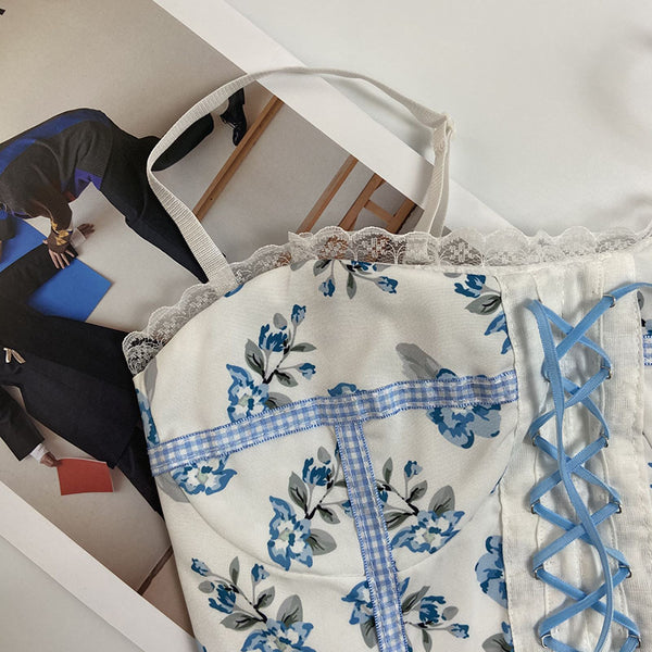 Sexy Chic Women Lace up Blue Floral Print Spaghetti Strap Tight Vest Cropped Corset Top