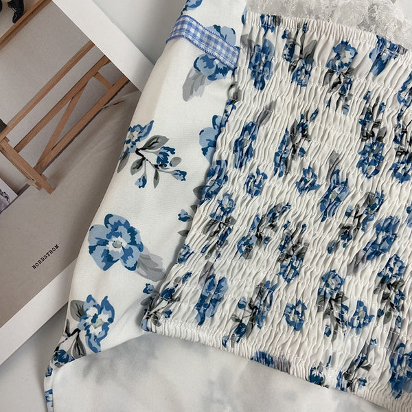 Sexy Chic Women Lace up Blue Floral Print Spaghetti Strap Tight Vest Cropped Corset Top