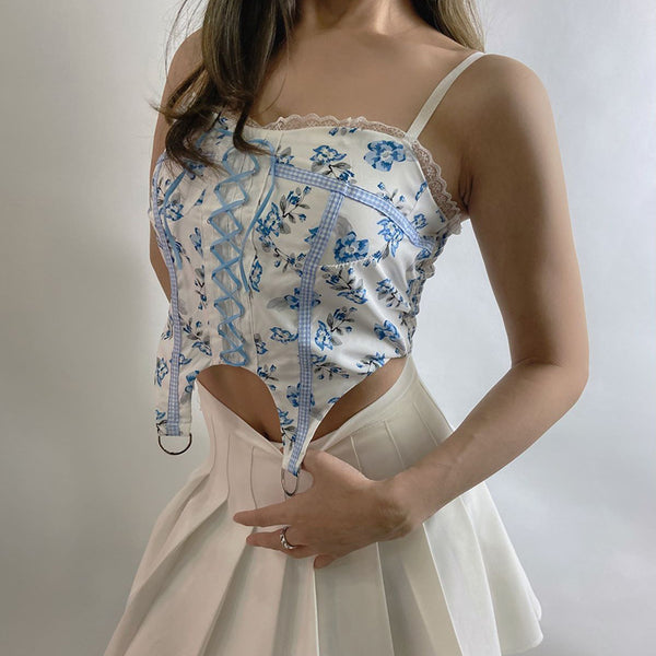 Sexy Chic Women Lace up Blue Floral Print Spaghetti Strap Tight Vest Cropped Corset Top