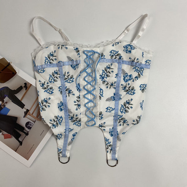 Sexy Chic Women Lace up Blue Floral Print Spaghetti Strap Tight Vest Cropped Corset Top