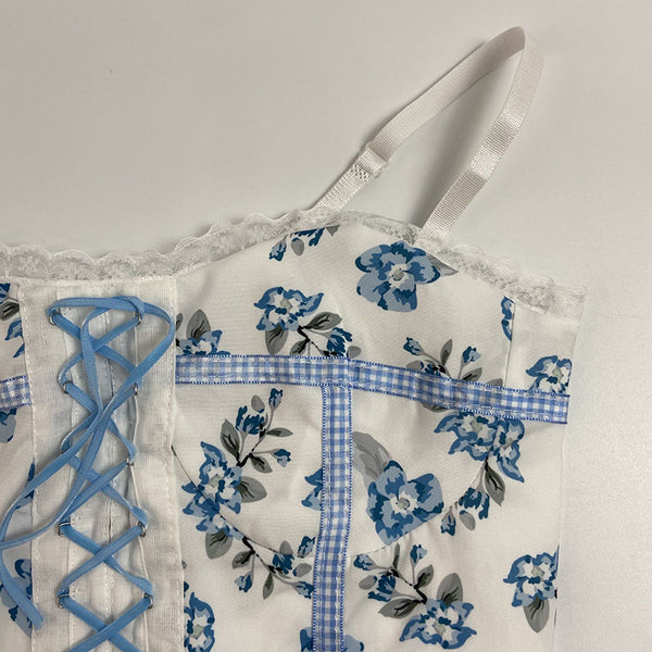 Sexy Chic Women Lace up Blue Floral Print Spaghetti Strap Tight Vest Cropped Corset Top