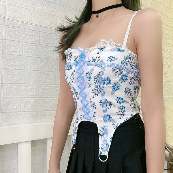Sexy Chic Women Lace up Blue Floral Print Spaghetti Strap Tight Vest Cropped Corset Top