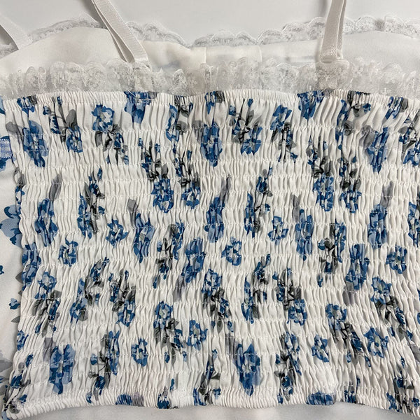Sexy Chic Women Lace up Blue Floral Print Spaghetti Strap Tight Vest Cropped Corset Top
