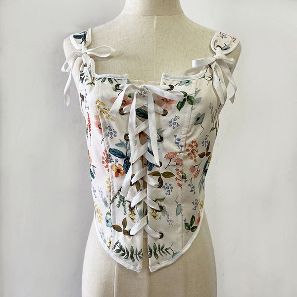 Summer Women Retro Wrap Palace Waist Tie Straps Round Neck Floral Printed Vest Outer Wear Crop Top