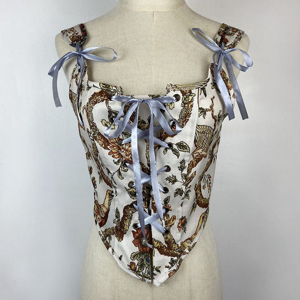 Summer Women Retro Wrap Palace Waist Tie Straps Round Neck Floral Printed Vest Outer Wear Crop Top