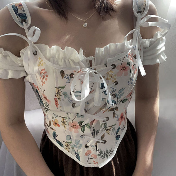 Summer Women Retro Wrap Palace Waist Tie Straps Round Neck Floral Printed Vest Outer Wear Crop Top