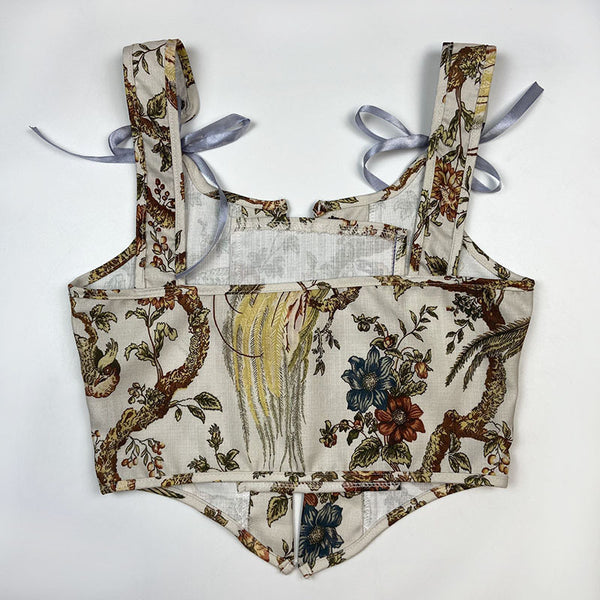 Summer Women Retro Wrap Palace Waist Tie Straps Round Neck Floral Printed Vest Outer Wear Crop Top