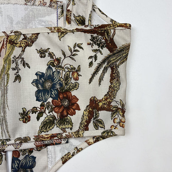 Summer Women Retro Wrap Palace Waist Tie Straps Round Neck Floral Printed Vest Outer Wear Crop Top