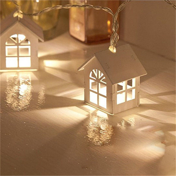 LED Wooden House Decoration String Fairy Light Holiday Lamp Xmas Tree Balcony