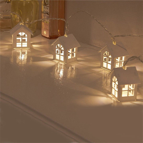 LED Wooden House Decoration String Fairy Light Holiday Lamp Xmas Tree Balcony