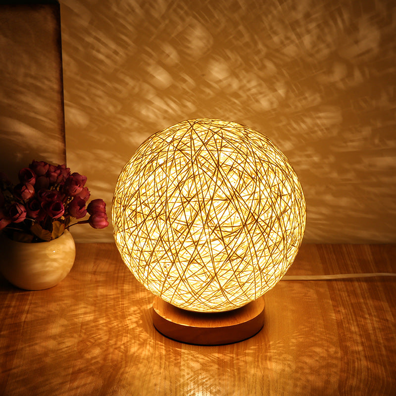 Wood Rattan Twine Ball LED Small Table lamp Desk light Bedroom Kid Room lighting