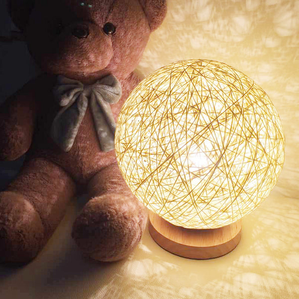 Wood Rattan Twine Ball LED Small Table lamp Desk light Bedroom Kid Room lighting