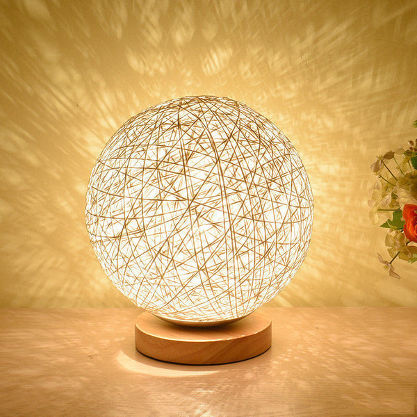 Wood Rattan Twine Ball LED Small Table lamp Desk light Bedroom Kid Room lighting