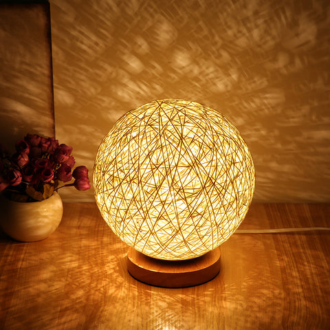 Wood Rattan Twine Ball LED Small Table lamp Desk light Bedroom Kid Room lighting