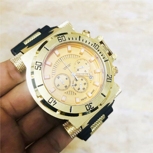 Quartz Luxury Rare Watch Gold Watches 4 Dials Date Chronograph Rubber Wristwatch