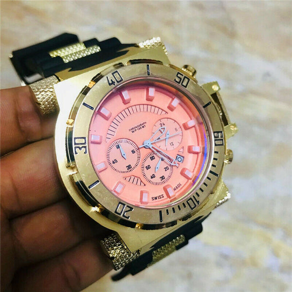 Quartz Luxury Rare Watch Gold Watches 4 Dials Date Chronograph Rubber Wristwatch