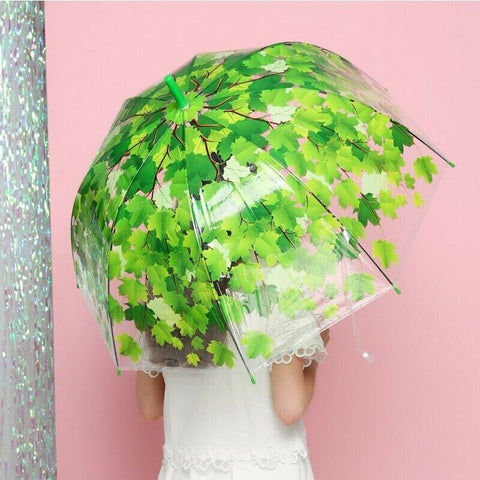 Transparent Birdcage Green Autumn Leaf Leaves Fall Lady Waterproof Rain Umbrella