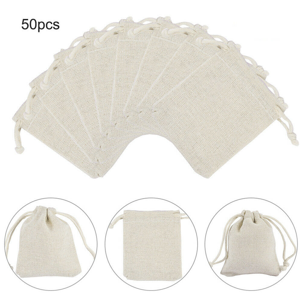 50 Beige Drawstring Bag Cotton Linen Jewelry Candy Gift Pouch Bags Travel Party