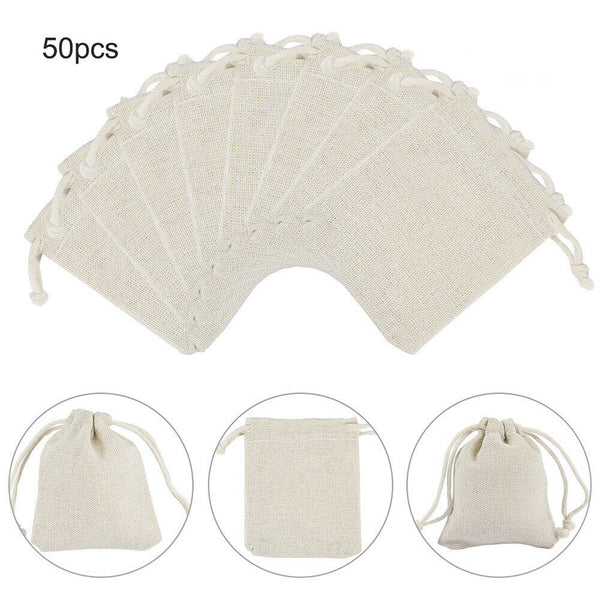 50 Beige Drawstring Bag Cotton Linen Jewelry Candy Gift Pouch Bags Travel Party