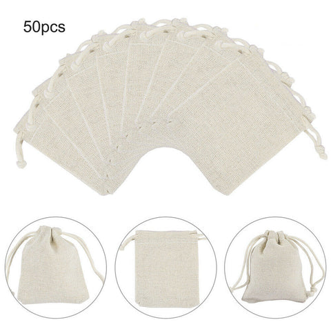 50 Beige Drawstring Bag Cotton Linen Jewelry Candy Gift Pouch Bags Travel Party