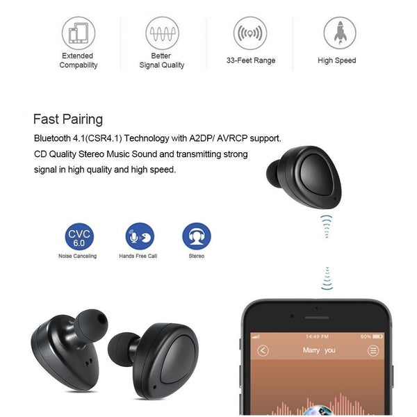 Premium No Cable Sound True Wireless Mini Headphones Stereo Headset for iPhone