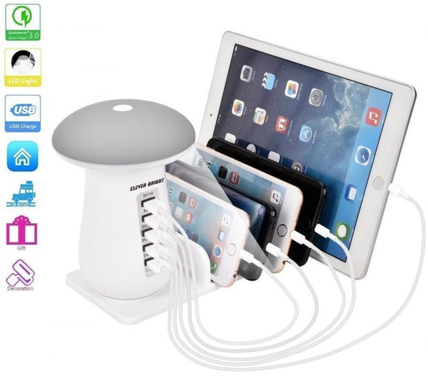 5 Port USB Charge Charging Station Mushroom LED Desk Lamp 3.0 Quick Fast Charge