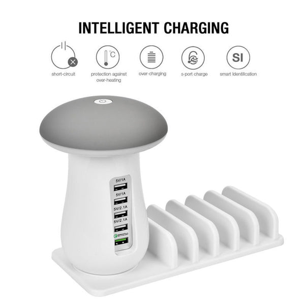 5 Port USB Charge Charging Station Mushroom LED Desk Lamp 3.0 Quick Fast Charge