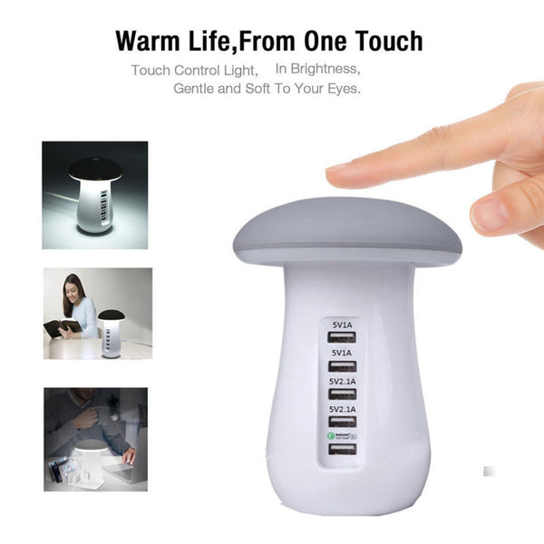 5 Port USB Charge Charging Station Mushroom LED Desk Lamp 3.0 Quick Fast Charge