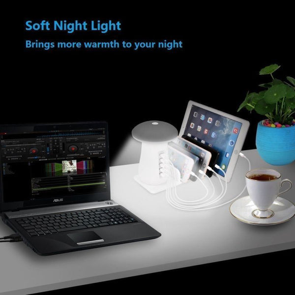 5 Port USB Charge Charging Station Mushroom LED Desk Lamp 3.0 Quick Fast Charge