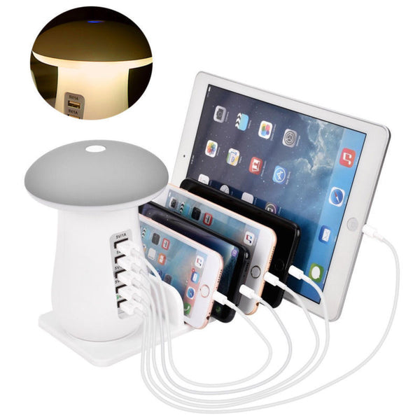 5 Port USB Charge Charging Station Mushroom LED Desk Lamp 3.0 Quick Fast Charge