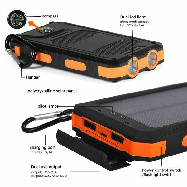 Waterproof Solar Sun Power Bank High Capacity Portable External Battery Charger