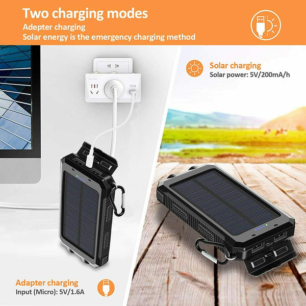 Waterproof Solar Sun Power Bank High Capacity Portable External Battery Charger