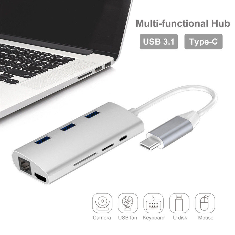 8 in 1 USB 3.1 Type C 4K HDMI RJ45 Hub Lan Ethernet Port Adapter HUB For MacBook