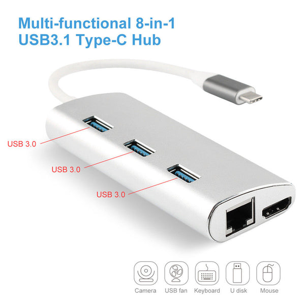 8 in 1 USB 3.1 Type C 4K HDMI RJ45 Hub Lan Ethernet Port Adapter HUB For MacBook