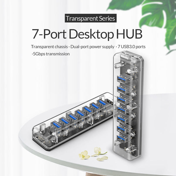 Transparent 7 Port USB 3.0 Hub with Dual port Power Supply Port