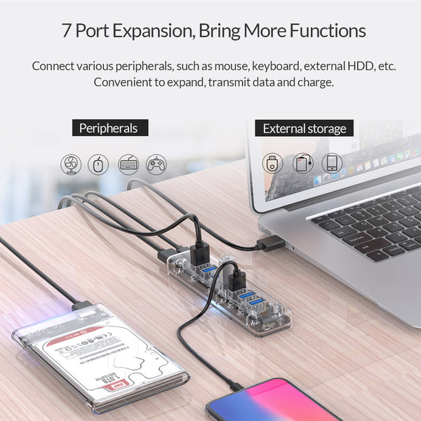 Transparent 7 Port USB 3.0 Hub with Dual port Power Supply Port