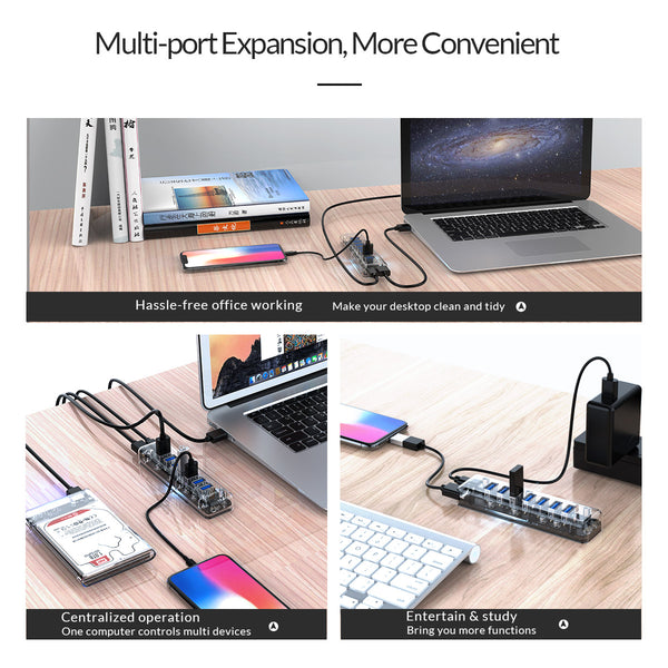 Transparent 7 Port USB 3.0 Hub with Dual port Power Supply Port