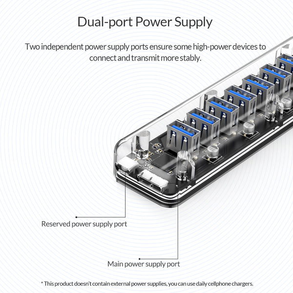 Transparent 7 Port USB 3.0 Hub with Dual port Power Supply Port