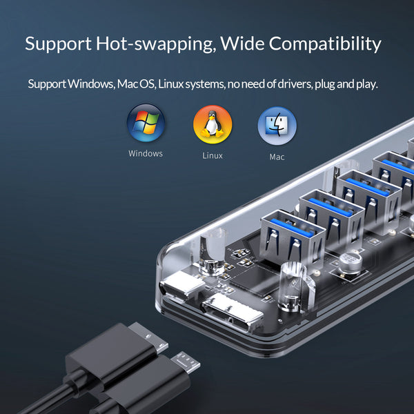 Transparent 7 Port USB 3.0 Hub with Dual port Power Supply Port