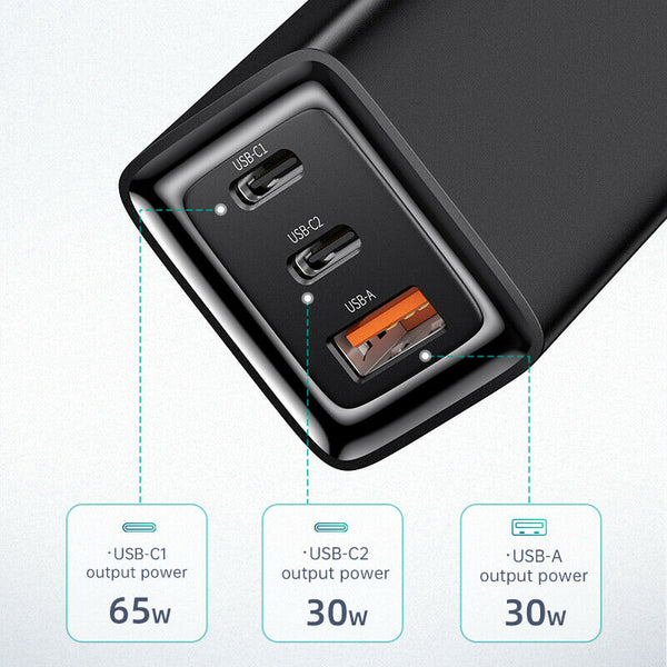 65W GaN Type C USB PD QC 3.0 Fast Charger Plug Phone Notebook Laptop Adapter