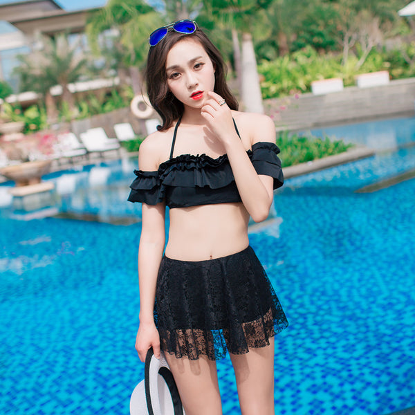 Black Lace Skirt type swimsuit Girl lotus leaf Shoulder Sexy high waist bikini