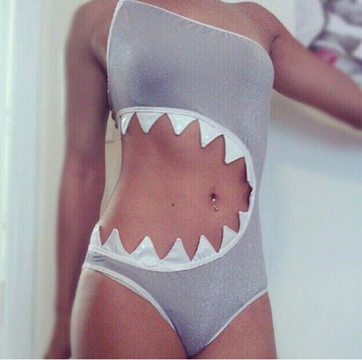 One Piece Swimsuit Shoulder Shark Shape Design Women Swimwear Padded Bra Bikini