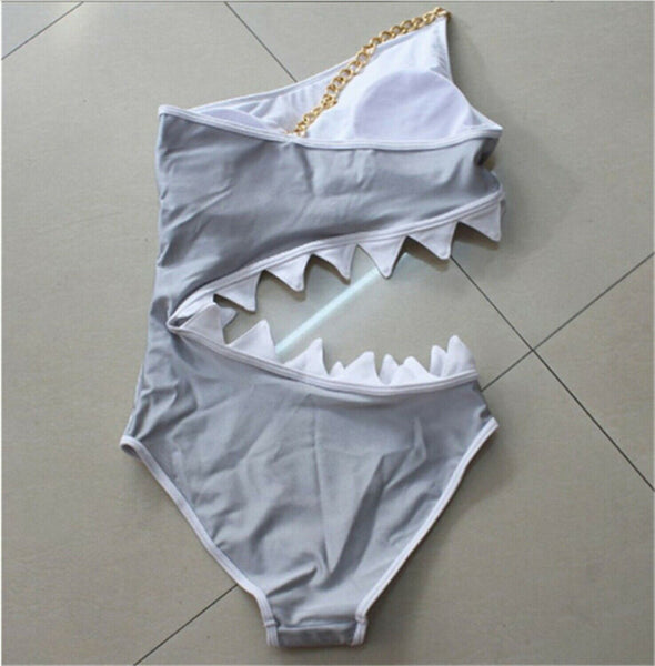 One Piece Swimsuit Shoulder Shark Shape Design Women Swimwear Padded Bra Bikini