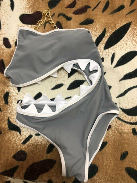One Piece Swimsuit Shoulder Shark Shape Design Women Swimwear Padded Bra Bikini