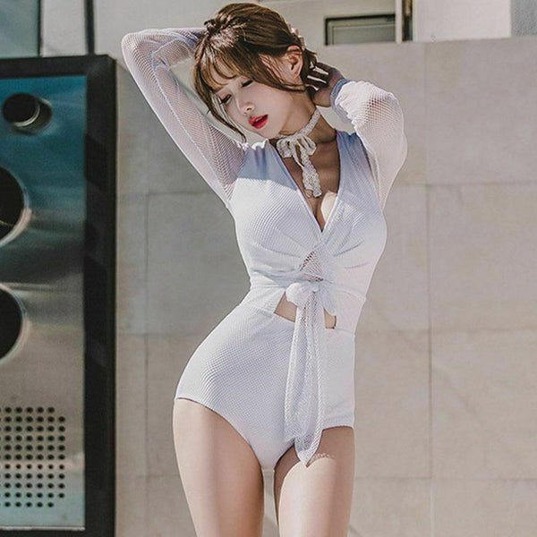 See Through Mesh Back Swimsuit High Waist Sexy Women Long Sleeve Bathing Suit