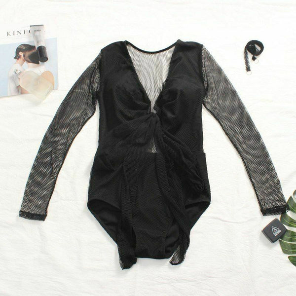 See Through Mesh Back Swimsuit High Waist Sexy Women Long Sleeve Bathing Suit