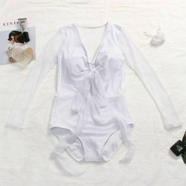 See Through Mesh Back Swimsuit High Waist Sexy Women Long Sleeve Bathing Suit