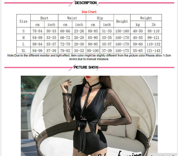 See Through Mesh Back Swimsuit High Waist Sexy Women Long Sleeve Bathing Suit