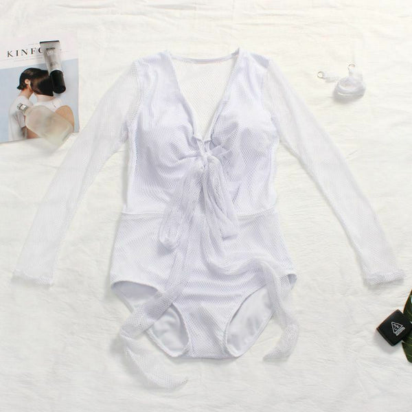 See Through Mesh Back Swimsuit High Waist Sexy Women Long Sleeve Bathing Suit